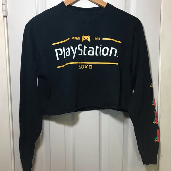 Tops - PlayStation Girls Black Logo Long Sleeve Cropped Tee Crop GUC Gamer Video Games